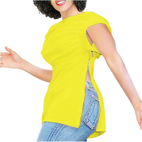 Dressy Blouse for Women Asymmetrical Neckline Short Sleeve Tops Summer Loose Casual Tshirts with Zip Up Side Slit in Saudi Arabia