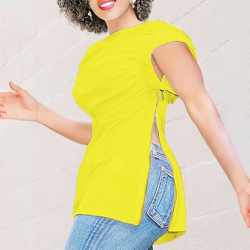 Dressy Blouse for Women Asymmetrical Neckline Short Sleeve Tops Summer Loose Casual Tshirts with Zip Up Side Slit in Saudi Arabia