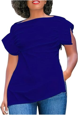 Dressy Blouse for Women Asymmetrical Neckline Short Sleeve Tops Summer Loose Casual Tshirts with Zip Up Side Slit in Saudi Arabia