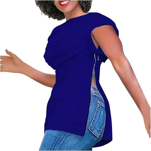 Dressy Blouse for Women Asymmetrical Neckline Short Sleeve Tops Summer Loose Casual Tshirts with Zip Up Side Slit in Saudi Arabia
