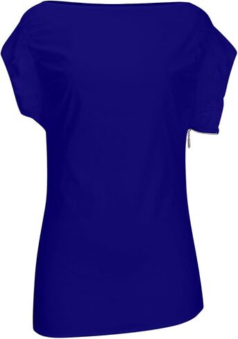 Dressy Blouse for Women Asymmetrical Neckline Short Sleeve Tops Summer Loose Casual Tshirts with Zip Up Side Slit in Saudi Arabia