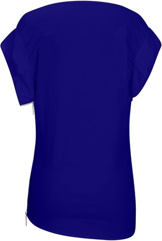 Dressy Blouse for Women Asymmetrical Neckline Short Sleeve Tops Summer Loose Casual Tshirts with Zip Up Side Slit in Saudi Arabia