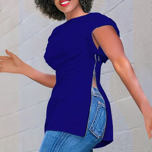 Dressy Blouse for Women Asymmetrical Neckline Short Sleeve Tops Summer Loose Casual Tshirts with Zip Up Side Slit in Saudi Arabia