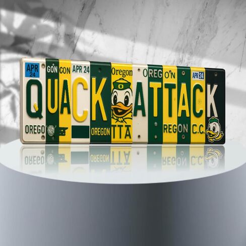 Oregon Duck Quack Attack Aluminum Wall Sign, 16x6 Inches, Green & Yellow, UV-Resistant Metal Print, Indoor Fan Cave Decor, Dorm-Friendly Installation, 0.7 lbs in Saudi Arabia