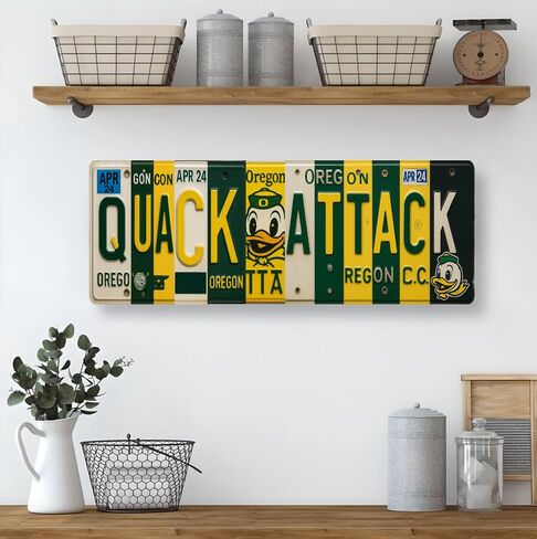 Oregon Duck Quack Attack Aluminum Wall Sign, 16x6 Inches, Green & Yellow, UV-Resistant Metal Print, Indoor Fan Cave Decor, Dorm-Friendly Installation, 0.7 lbs in Saudi Arabia