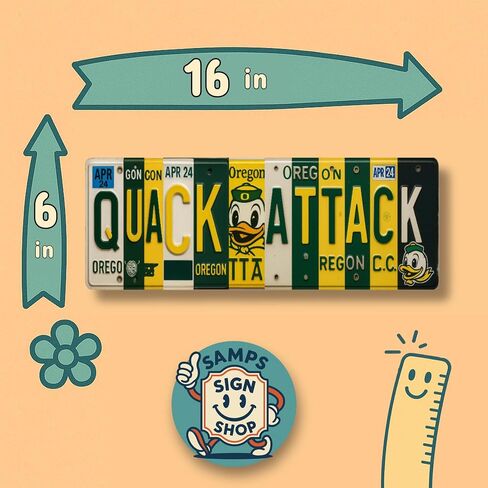 Oregon Duck Quack Attack Aluminum Wall Sign, 16x6 Inches, Green & Yellow, UV-Resistant Metal Print, Indoor Fan Cave Decor, Dorm-Friendly Installation, 0.7 lbs in Saudi Arabia