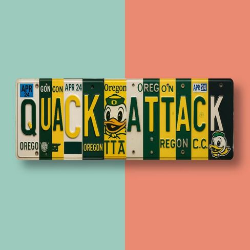 Oregon Duck Quack Attack Aluminum Wall Sign, 16x6 Inches, Green & Yellow, UV-Resistant Metal Print, Indoor Fan Cave Decor, Dorm-Friendly Installation, 0.7 lbs in Saudi Arabia