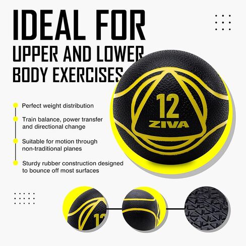 ZIVA Medicine Ball – Durable Rubber Weighted Ball with Easy-Grip Textured Shell for Core, Balance and Strength Training – Commercial Quality (Black, 4–12 lb) in Saudi Arabia