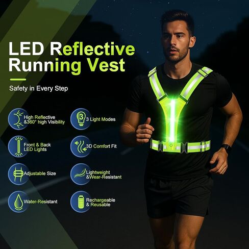 LED Reflective Vest Running Gear, High Visibility Reflective Running Gear, Rechargeable Light Up Running Vest for Night Running, Cycling, Walking, Adjustable Reflective Vest for Men and Women in Saudi Arabia