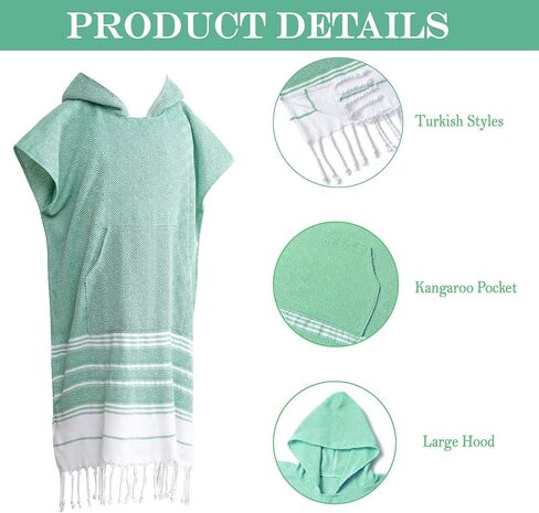 1pcs Turkish Towel Poncho Turkish Cotton Beach Poncho wim Cover Up Wearable Towel Hooded Poncho with Pocket for Adult Man Women (Green) in Saudi Arabia