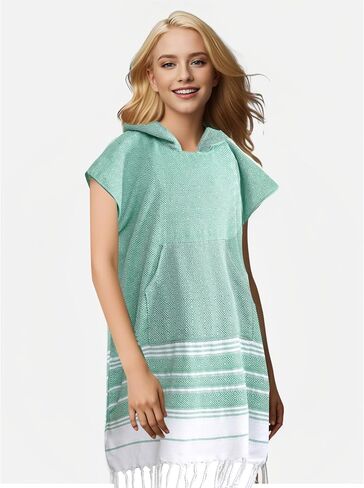 1pcs Turkish Towel Poncho Turkish Cotton Beach Poncho wim Cover Up Wearable Towel Hooded Poncho with Pocket for Adult Man Women (Green) in Saudi Arabia