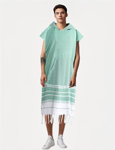 1pcs Turkish Towel Poncho Turkish Cotton Beach Poncho wim Cover Up Wearable Towel Hooded Poncho with Pocket for Adult Man Women (Green) in Saudi Arabia