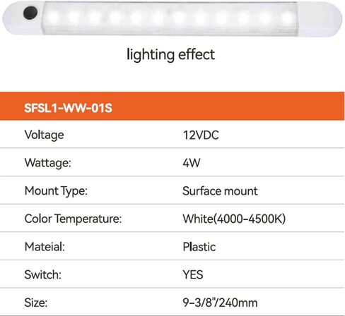 ضوء شريط LED بحري من سلسلة سيفلو 01 مع مفتاح - 12 فولت تيار مستمر، 4 وات، IP6، أبيض (4000-4500 ك)، حامل سطحي، طول 9.45 بوصة، غلاف الكمبيوتر الشخصي، مفتاح مدمج، قوارب، عربة سكن متنقلة، العربة، تحت الخزانة، ضمان لمدة 4 سنوات in Saudi Arabia