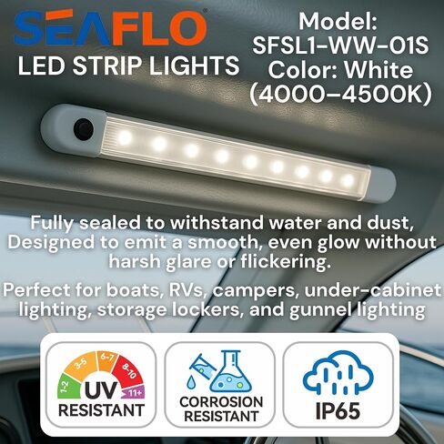 ضوء شريط LED بحري من سلسلة سيفلو 01 مع مفتاح - 12 فولت تيار مستمر، 4 وات، IP6، أبيض (4000-4500 ك)، حامل سطحي، طول 9.45 بوصة، غلاف الكمبيوتر الشخصي، مفتاح مدمج، قوارب، عربة سكن متنقلة، العربة، تحت الخزانة، ضمان لمدة 4 سنوات in Saudi Arabia