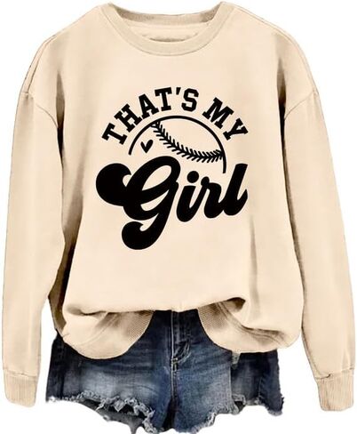 سويت شيرت حريمي That's My Girl بأكمام طويلة ورقبة دائرية ورسومات صوفية علوية للبيسبول وكرة البيسبول وقميص رياضي كاجوال للأم in Kuwait