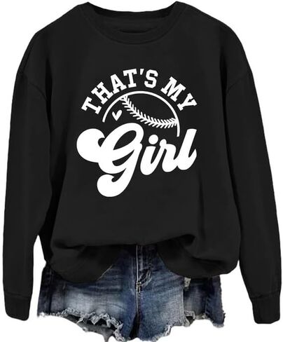 سويت شيرت حريمي That's My Girl بأكمام طويلة ورقبة دائرية ورسومات صوفية علوية للبيسبول وكرة البيسبول وقميص رياضي كاجوال للأم in Kuwait