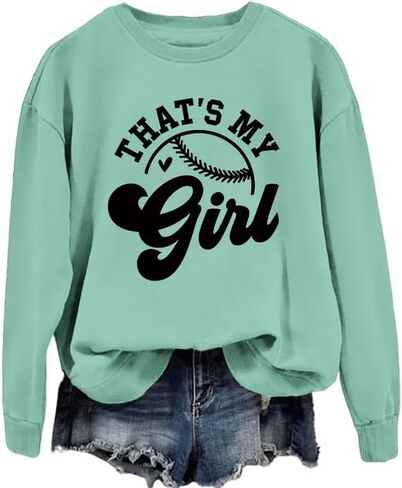 سويت شيرت حريمي That's My Girl بأكمام طويلة ورقبة دائرية ورسومات صوفية علوية للبيسبول وكرة البيسبول وقميص رياضي كاجوال للأم in Kuwait