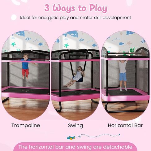 Goplus 6 x 4 FT Rectangle Trampoline for Kids, Indoor Outdoor Toddler Trampoline with Swing, Gymnastics Bar & Safety Enclosure Net, ASTM Approved Gift for Children Boys Girls in Saudi Arabia
