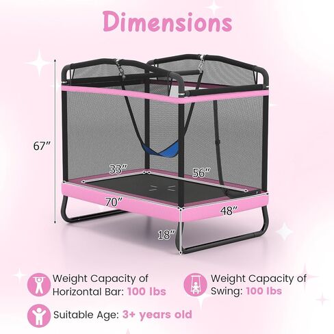 Goplus 6 x 4 FT Rectangle Trampoline for Kids, Indoor Outdoor Toddler Trampoline with Swing, Gymnastics Bar & Safety Enclosure Net, ASTM Approved Gift for Children Boys Girls in Saudi Arabia