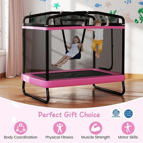 Goplus 6 x 4 FT Rectangle Trampoline for Kids, Indoor Outdoor Toddler Trampoline with Swing, Gymnastics Bar & Safety Enclosure Net, ASTM Approved Gift for Children Boys Girls in Saudi Arabia