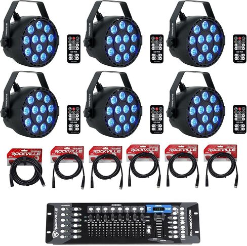 (6) Rockville RockPAR TRI LED RGB Compact Par Can Pro DJ DMX Wash Light+Remote Black Bundle with (5) RDX3M10 DMX Lighting Cable, RDX3M25 Cable & ROCKFORCE 192 DMX Lighting Controller (13 Items) in Saudi Arabia
