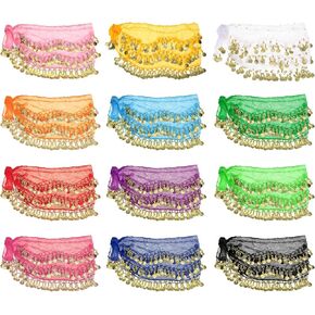 PATIKIL Belly Dance Hip Scarf 55" x 9", 12Pcs Women's Belly Dance Costume Skirt Wrap with 128 Gold Coins for Yoga Class, Multicolor in Kuwait