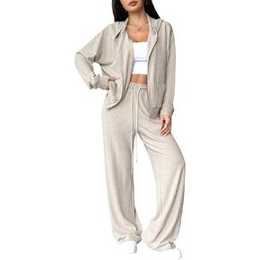 Women's 2 Piece Ribbed Knit Loungewear Set Hooded Zipper Cardigan Pants Casual Lounge Outfit in Saudi Arabia
