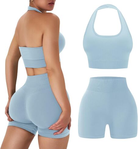 OLCHEE Workout Sets for Women 2 Piece Backless Halter Sports Bra High Waist Booty Shorts Yoga Gym Outfits Lounge Activewear in Saudi Arabia