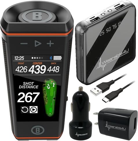 Bushnell Wingman HD View Golf Speaker, 3.5" Touchscreen, GPS Distances, Premium 360° Audio, Waterproof Design, Magnetic Cart Mount with Wearable4U White Earbuds & Car/Wall Chargers Bundle in Saudi Arabia