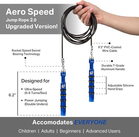 حبل القفز السريع من Buddy Lee Aero 2.0 نسخة مطورة مع محمل دوار لسرعة صاروخ سونيك | حبل قفز خالٍ من التشابك وقابل للتعديل للرجال والنساء - من أجل اللياقة البدنية والتمارين السفلية المزدوجة والتدريب المتقاطع in Kuwait