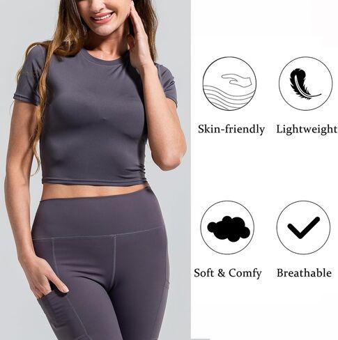 LANBAOSI 2 حزمة من قمصان التمرينات النسائية بأكمام طويلة مجموعة قمصان رياضية مضغوطة عالية الخصر حزمة فتل الرطوبة in Kuwait
