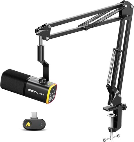 ميكروفون MAONO PD100W لاسلكي/USB، ميكروفون للكمبيوتر الشخصي للألعاب مع تقليل الضوضاء بنقرة واحدة، زر كتم الصوت، RGB مخصص، مقبس سماعة رأس 3.5 مم، ميكروفون بث ديناميكي لسطح المكتب للتسجيل والبث الصوتي، أسود in Kuwait