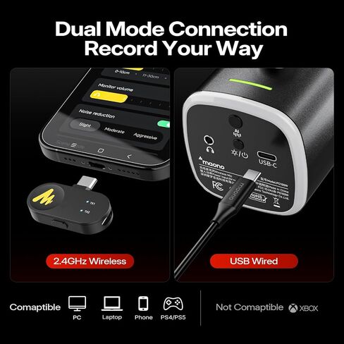 ميكروفون MAONO PD100W لاسلكي/USB، ميكروفون للكمبيوتر الشخصي للألعاب مع تقليل الضوضاء بنقرة واحدة، زر كتم الصوت، RGB مخصص، مقبس سماعة رأس 3.5 مم، ميكروفون بث ديناميكي لسطح المكتب للتسجيل والبث الصوتي، أسود in Kuwait