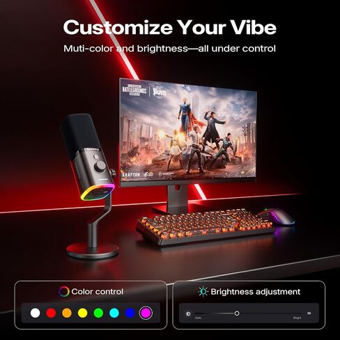 ميكروفون MAONO PD100W لاسلكي/USB، ميكروفون للكمبيوتر الشخصي للألعاب مع تقليل الضوضاء بنقرة واحدة، زر كتم الصوت، RGB مخصص، مقبس سماعة رأس 3.5 مم، ميكروفون بث ديناميكي لسطح المكتب للتسجيل والبث الصوتي، أسود in Kuwait