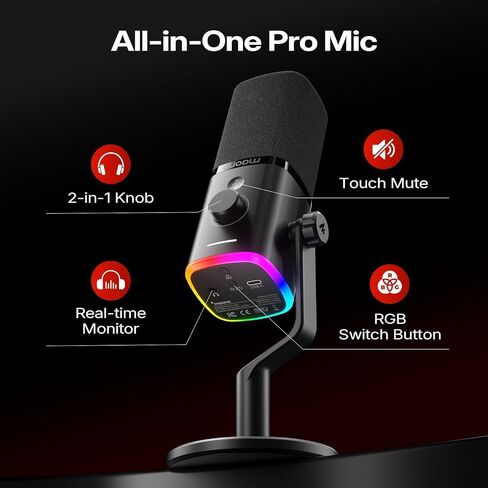 ميكروفون MAONO PD100W لاسلكي/USB، ميكروفون للكمبيوتر الشخصي للألعاب مع تقليل الضوضاء بنقرة واحدة، زر كتم الصوت، RGB مخصص، مقبس سماعة رأس 3.5 مم، ميكروفون بث ديناميكي لسطح المكتب للتسجيل والبث الصوتي، أسود in Kuwait