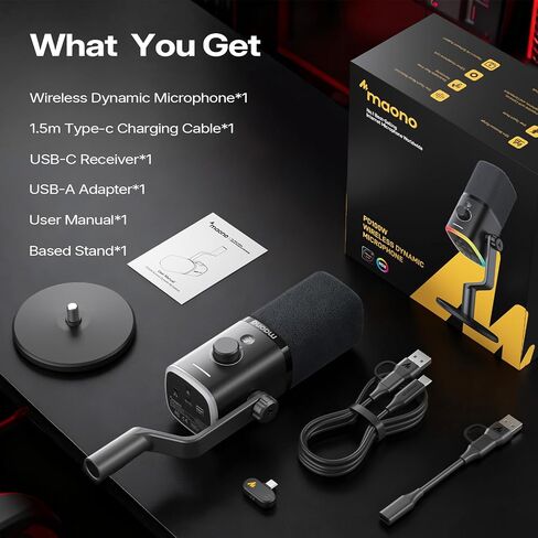 ميكروفون MAONO PD100W لاسلكي/USB، ميكروفون للكمبيوتر الشخصي للألعاب مع تقليل الضوضاء بنقرة واحدة، زر كتم الصوت، RGB مخصص، مقبس سماعة رأس 3.5 مم، ميكروفون بث ديناميكي لسطح المكتب للتسجيل والبث الصوتي، أسود in Kuwait