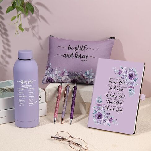 LemonRoad 6 Pcs Christian Gift Set for Women 17 oz Water Bottle, Makeup Bags, Ballpoint Pens, A5 Notebook Journal Kit Religious Bible Study Supplies for Christmas Pastor's Sunday School Church(Purple) in Saudi Arabia