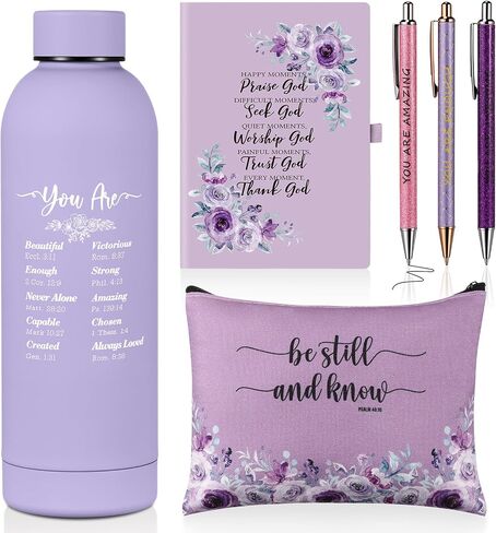 LemonRoad 6 Pcs Christian Gift Set for Women 17 oz Water Bottle, Makeup Bags, Ballpoint Pens, A5 Notebook Journal Kit Religious Bible Study Supplies for Christmas Pastor's Sunday School Church(Purple) in Saudi Arabia