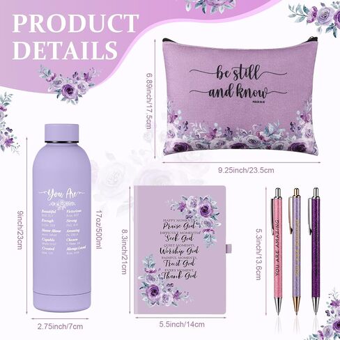 LemonRoad 6 Pcs Christian Gift Set for Women 17 oz Water Bottle, Makeup Bags, Ballpoint Pens, A5 Notebook Journal Kit Religious Bible Study Supplies for Christmas Pastor's Sunday School Church(Purple) in Saudi Arabia