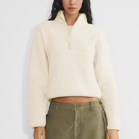 بلوزات الصوف للنساء اقتصاص كم طويل نصف سحاب البلوز شيربا سترة معاطف دافئة غامض مع جيوب in Kuwait