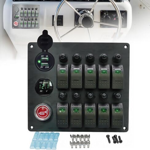 Generic 10 Gang Marine Rocker Switch Panel with Voltmeter Dual USB Car Charger Power Socket Boat Horn Button 12V 24V RV Switch Panel Waterproof with Circuit Breaker Switch for Truck Automotive (Blue) in Saudi Arabia