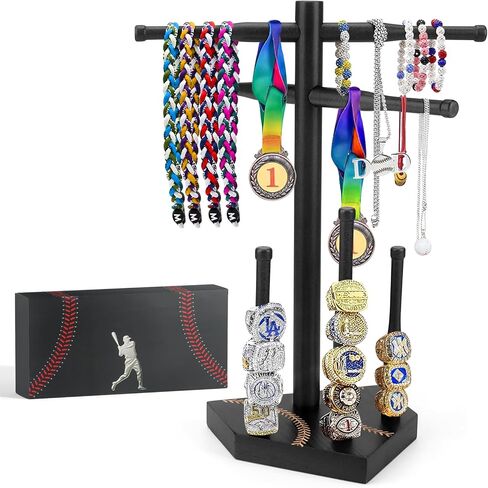 Wooden Baseball Drip Necklace Holder & Ring Display | Championship Ring Accessories Display Stand Necklace Organizer, Show Your Baseball Lifestyle for Players & Fans Gift in Kuwait