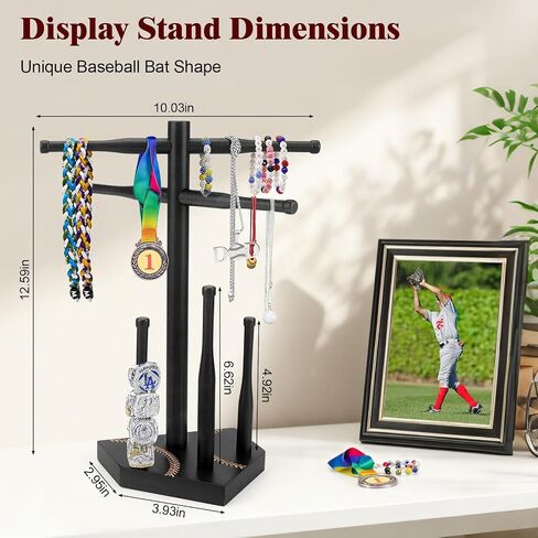 Wooden Baseball Drip Necklace Holder & Ring Display | Championship Ring Accessories Display Stand Necklace Organizer, Show Your Baseball Lifestyle for Players & Fans Gift in Kuwait