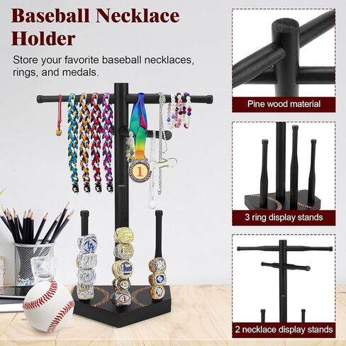 Wooden Baseball Drip Necklace Holder & Ring Display | Championship Ring Accessories Display Stand Necklace Organizer, Show Your Baseball Lifestyle for Players & Fans Gift in Kuwait