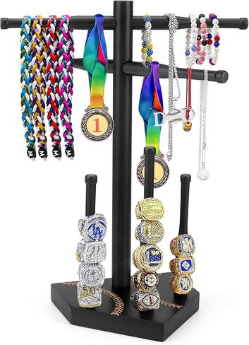 Wooden Baseball Drip Necklace Holder & Ring Display | Championship Ring Accessories Display Stand Necklace Organizer, Show Your Baseball Lifestyle for Players & Fans Gift in Kuwait