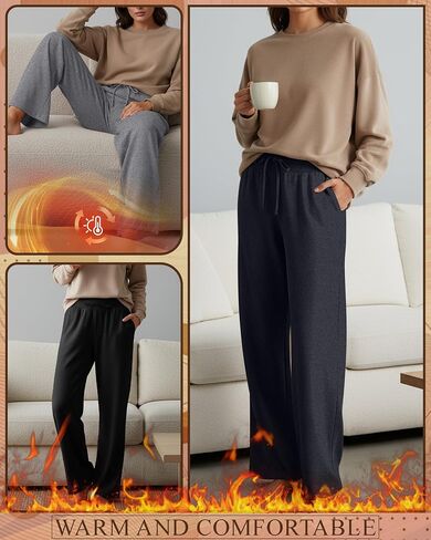 4 Pack Women's Fleece Lined Sweatpants Wide Leg Lounge Pants Baggy Thermal Winter Warm Baggy Sweats in Saudi Arabia