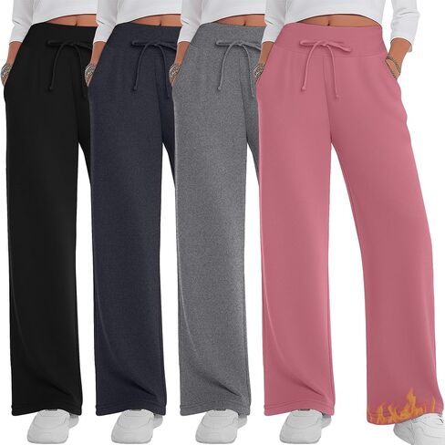 4 Pack Women's Fleece Lined Sweatpants Wide Leg Lounge Pants Baggy Thermal Winter Warm Baggy Sweats in Saudi Arabia