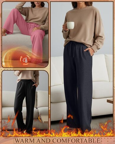 4 Pack Women's Fleece Lined Sweatpants Wide Leg Lounge Pants Baggy Thermal Winter Warm Baggy Sweats in Saudi Arabia
