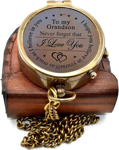 to My Grandson Vintage Style Brass Antique Compass with Leather Case | Lightweight Pocket Compass Gift for Every Occasion Birthday Gift for Grandson Graduation Gift Grandpa to Grandson Gift in Saudi Arabia
