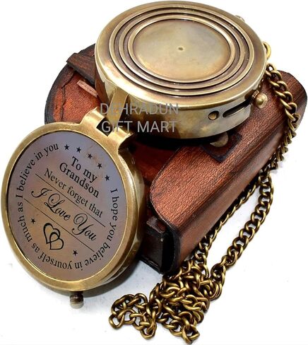 to My Grandson Vintage Style Brass Antique Compass with Leather Case | Lightweight Pocket Compass Gift for Every Occasion Birthday Gift for Grandson Graduation Gift Grandpa to Grandson Gift in Saudi Arabia